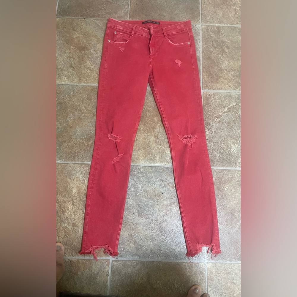 Zara Red Skinny Distressed Jeans